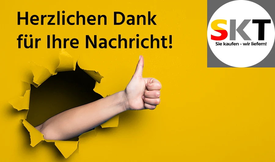 Bild zeigt auf gelben Hintergrund eine Montage. Zu sehen ist ein Arm, der wie durch Papier durch den Hintergrund bricht und den Daumen hochhält. Darüber der Text: "Herzlichen Dank für Ihre Nachricht!" und rechts oben das SKT-Logo.